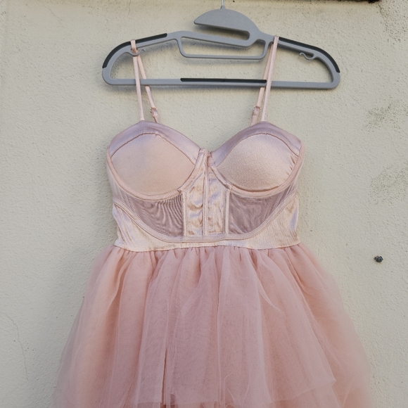 Ballet Pink Satin Corset Bustier Coquette Tiered Tulle Midi Dress - Picture 3 of 8